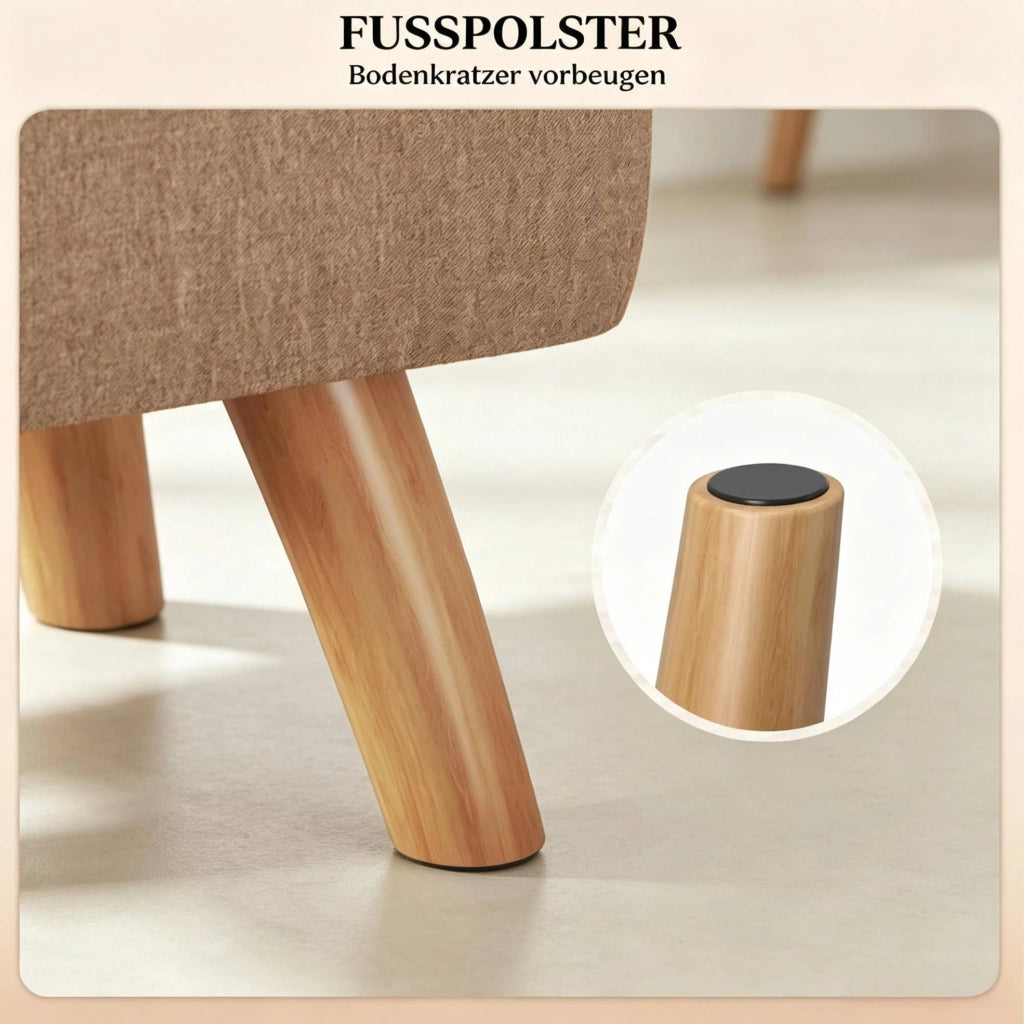 Pouf quadrato imbottito in lino beige, seduta 27x27x26 cm, con gambe in legno di gomma anti-scivolo