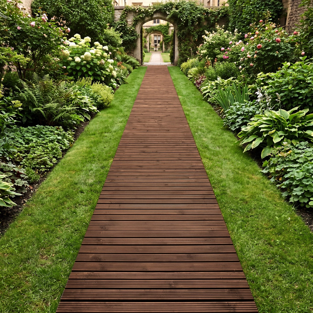 Sentiero da giardino in legno superficie antiscivolo collegamento con fili metallici, Passerella decorativa da esterno Marrone