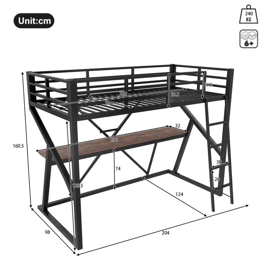 Letto a soppalco nero 90 x 200 cm con scrivania e luci LED