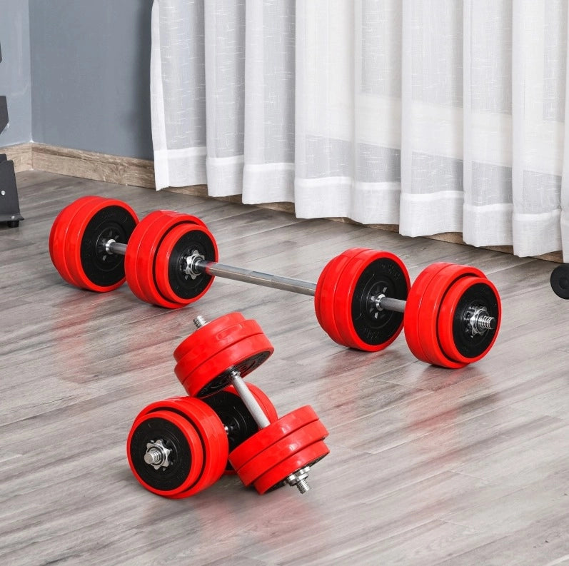 Set manubri e bilanciere ULEVR 30 kg 2 in 1 con dischi e manici imbottiti, rosso e nero