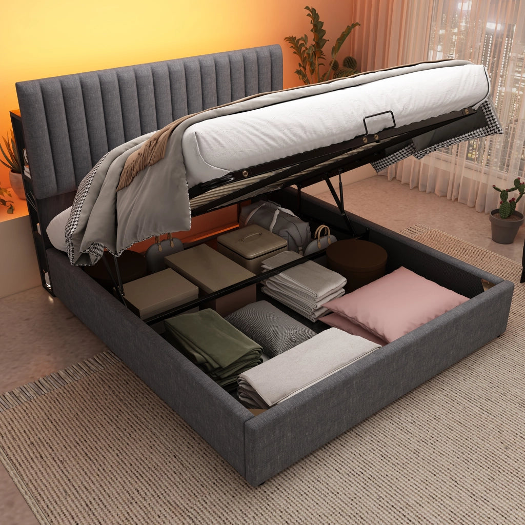 Letto matrimoniale imbottito 140 ¡Á 200 cm con contenitore LED USB Type-C in lino grigio con rete a doghe