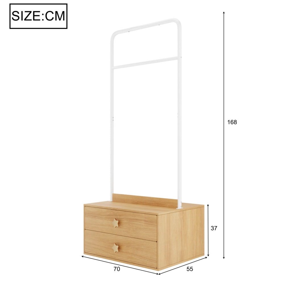 Appendiabiti per bambini con 2 cassetti, maniglie a stella, struttura in legno 70×55×168 cm, colore legno