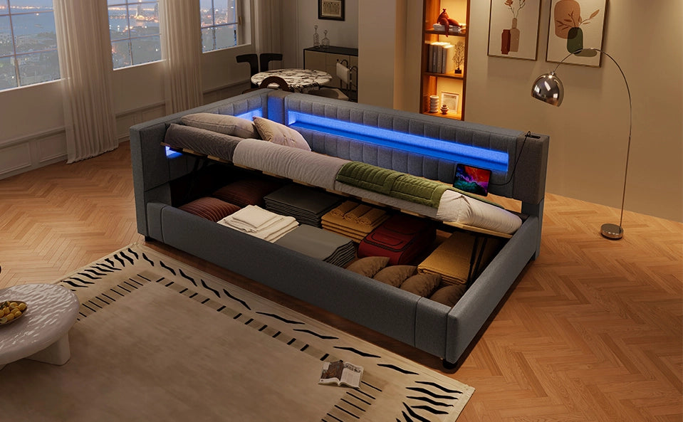 Daybett 90x200 cm in Leinen und MDF mit LED-Lichtleiste, hydraulischem Stauraum, USB + Type-C, Grau