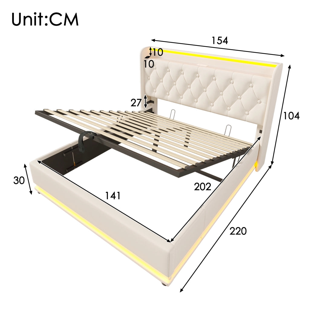 Letto matrimoniale 140x200 cm in PU bianco con LED, USB-C e vano idraulico