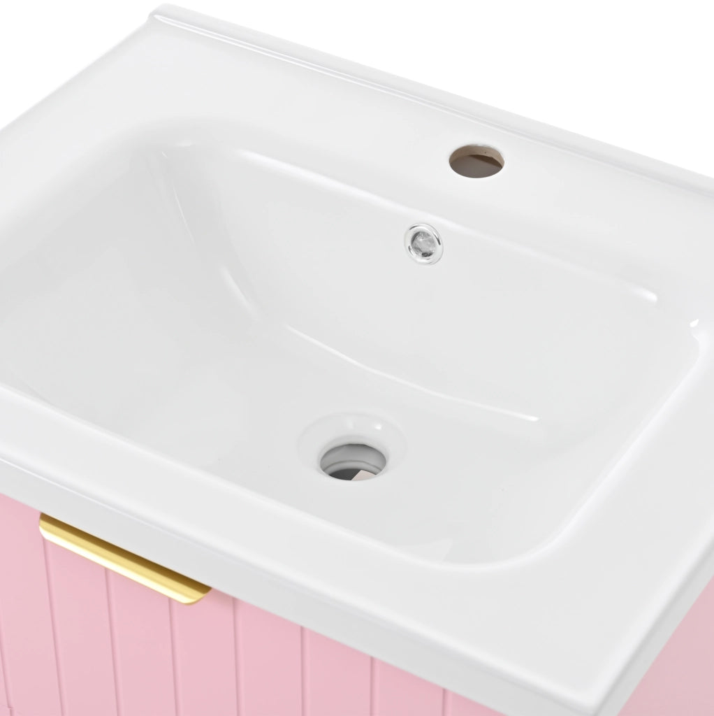 Mobile bagno sospeso con lavabo singolo in ceramica, MDF resistente all'umidità e doppio vano portaoggetti, rosa