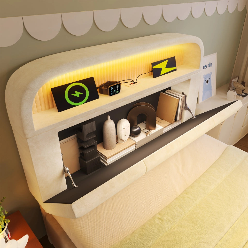 Letto singolo con contenitore 90 × 200 cm testiera regolabile LED USB e Type-C in velluto beige con rete