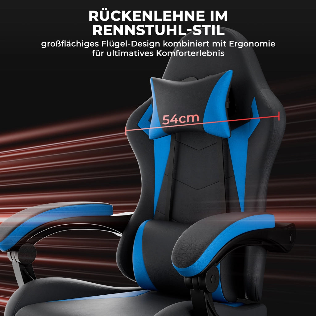 Sedia da gioco ergonomica con poggiatesta; supporto lombare e poggiapiedi; nera e blu