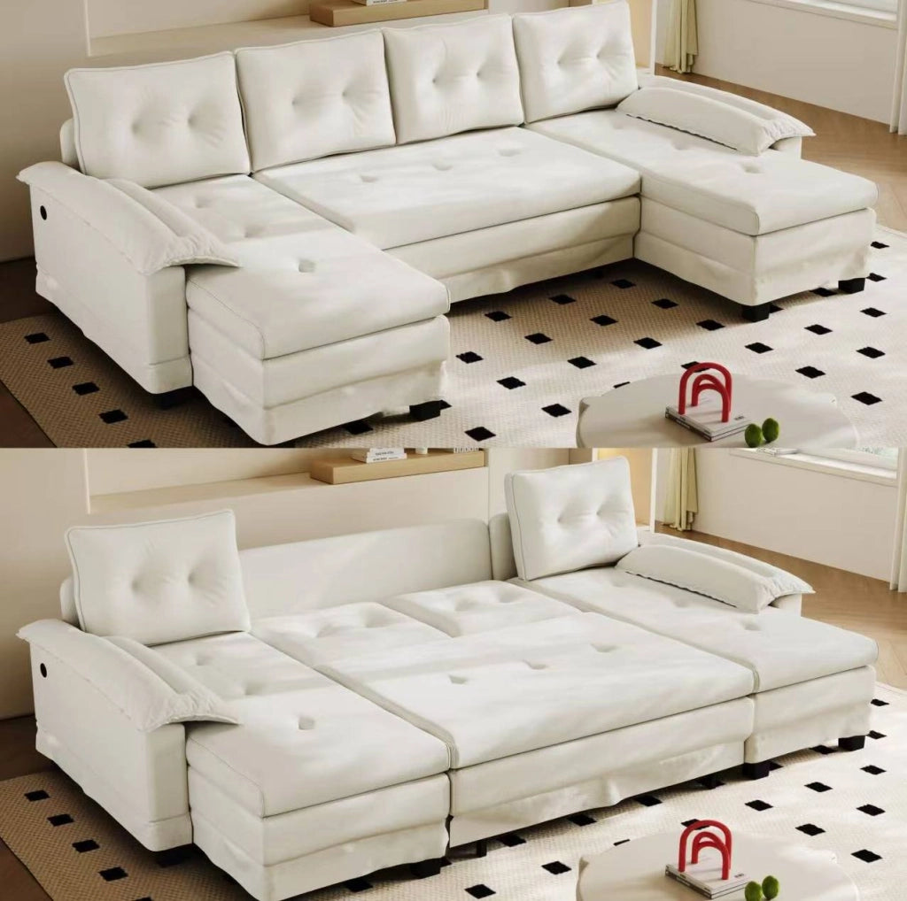 Divano letto modulare a U ULEVR 278x127 cm con letto estraibile, USB e cuscini rimovibili, beige