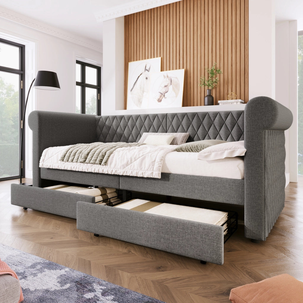 Materasso 90x200 cm con cassetti; testiera contenitore; Lino; Grigio