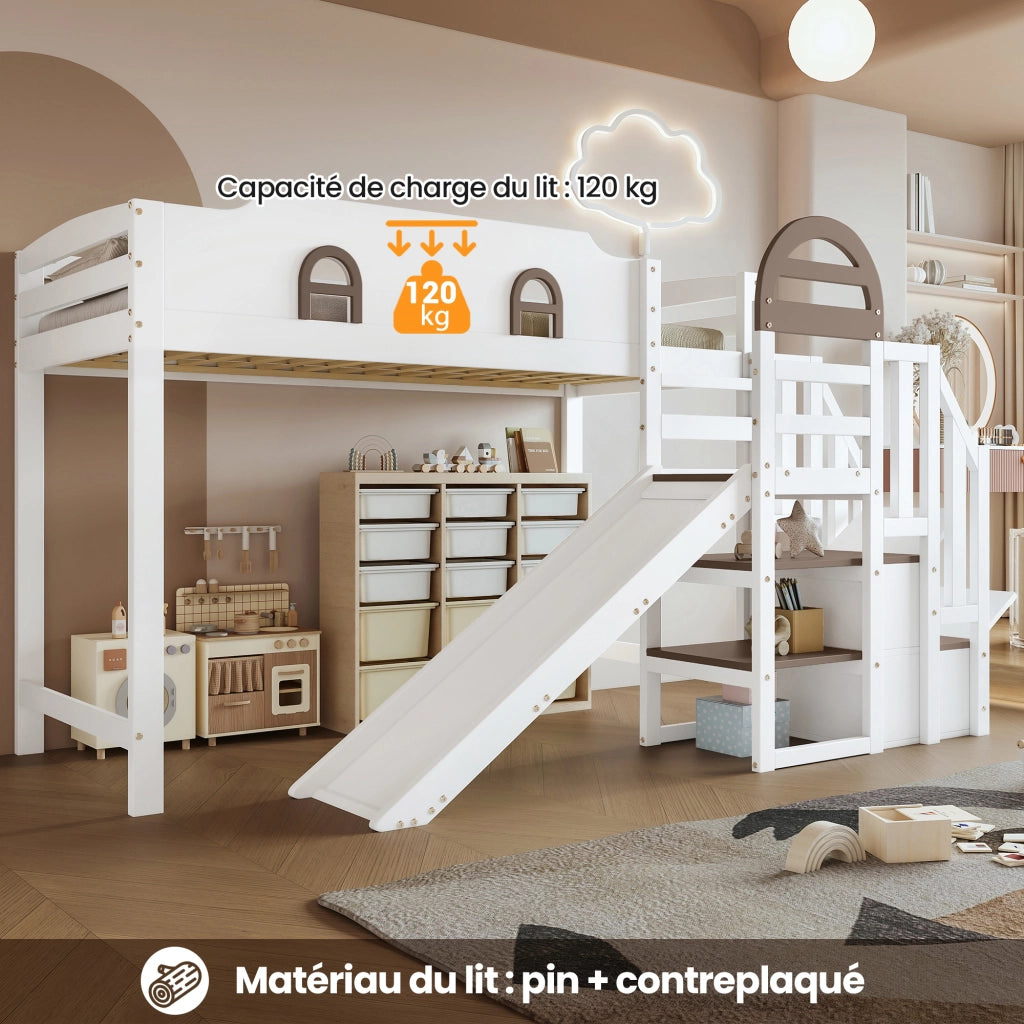 Letto a castello per bambini 90 × 200 cm 2 posti con scivolo, scala con 2 vani e finestre, senza materasso, bianco