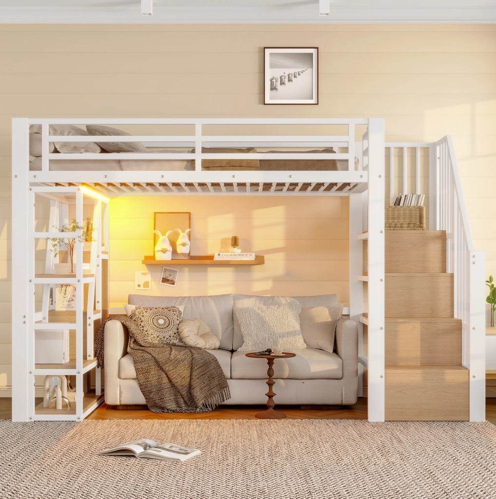 Letto a soppalco per bambini 90x200 cm con LED; scaletta contenitore e ripiani; bianco