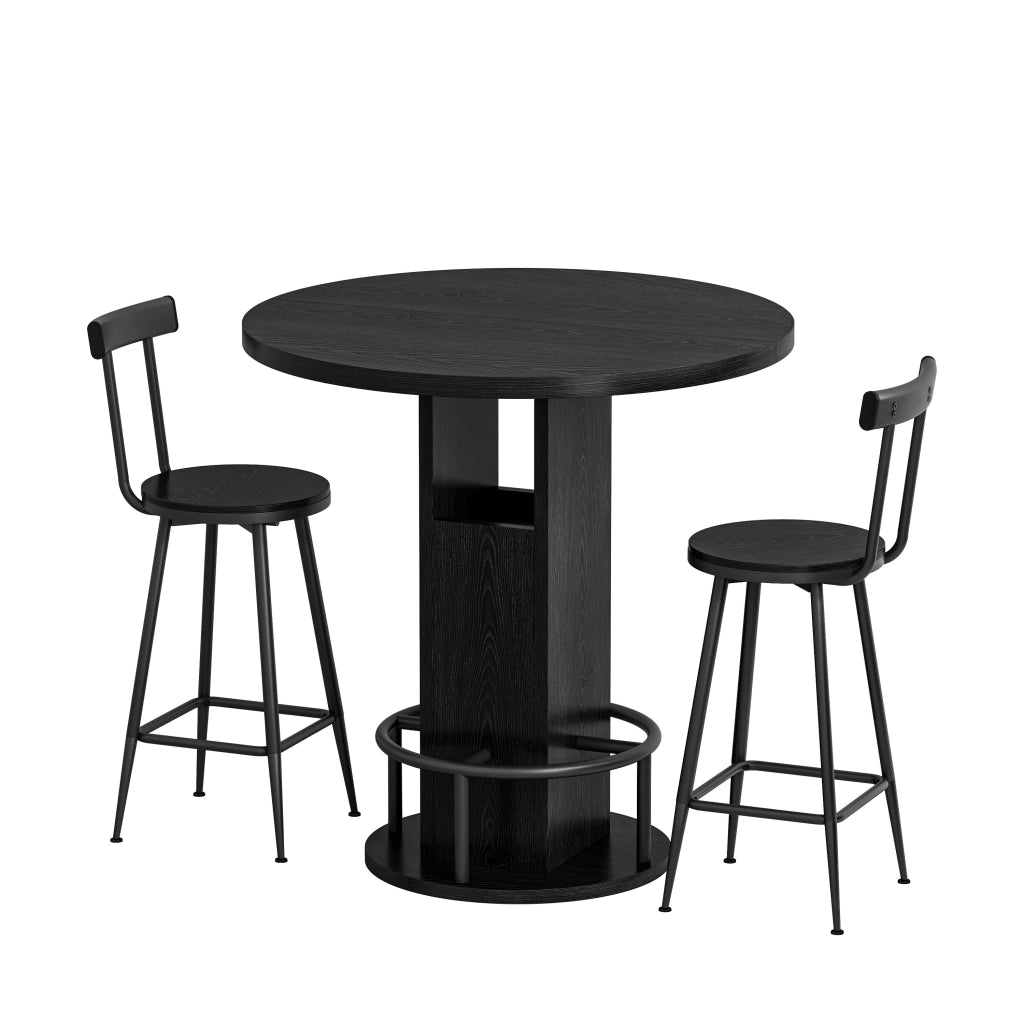 Tavolo da pranzo rotondo con 2 sgabelli e vano contenitore per cucina, in truciolare e acciaio nero, diametro 80 cm
