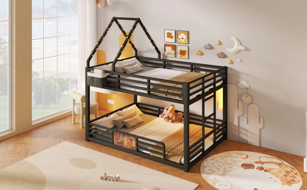 Letto a castello 140 × 200 cm con LED multicolore, tasche in tessuto e barriera, senza materasso, nero