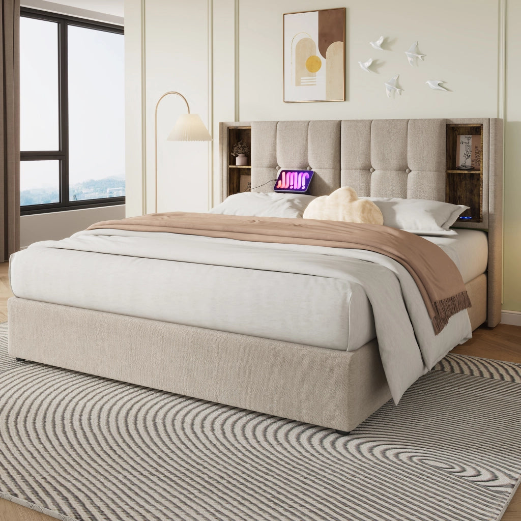 LETTO Contenitore 160x200 cm Lino Naturale con ricarica wireless USB-C