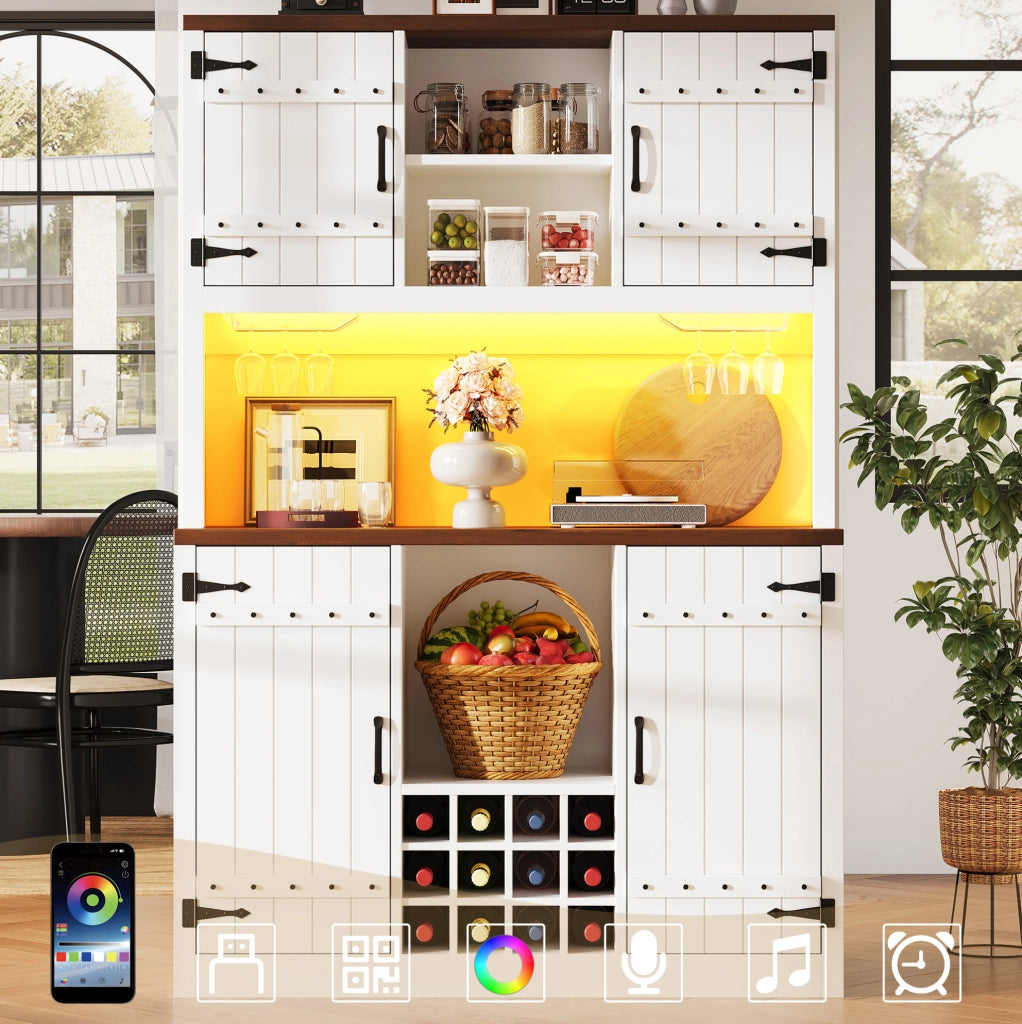 Hochschrank mit Scheunentor-Türen, RGB-LED-Beleuchtung, verstellbaren Böden und Weinflaschenständer, 120×40×180 cm, Weiß