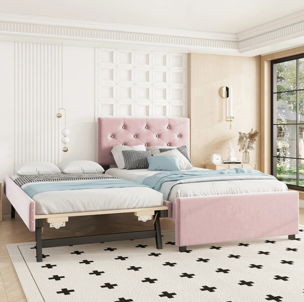 LETTO Imbottito 90x200 cm Velluto Rosa con letto estraibile e rete a doghe