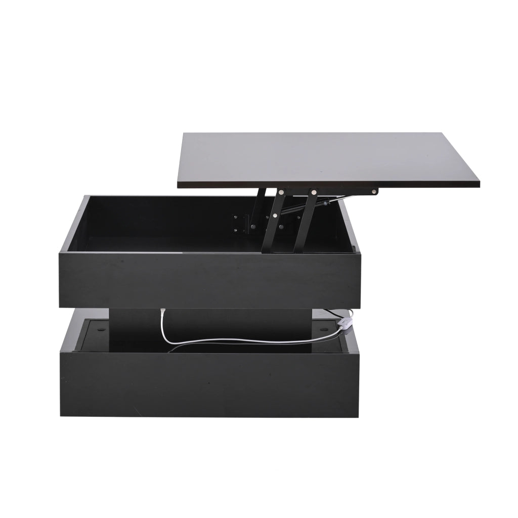 Tavolino da salotto sollevabile nero lucido con luci LED 65x65 cm