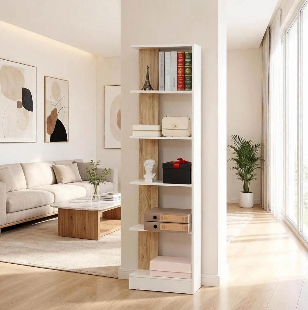 Libreria Moderna a Colonna bianca e rovere, 5 Ripiani Aperta, 45x21x170 cm