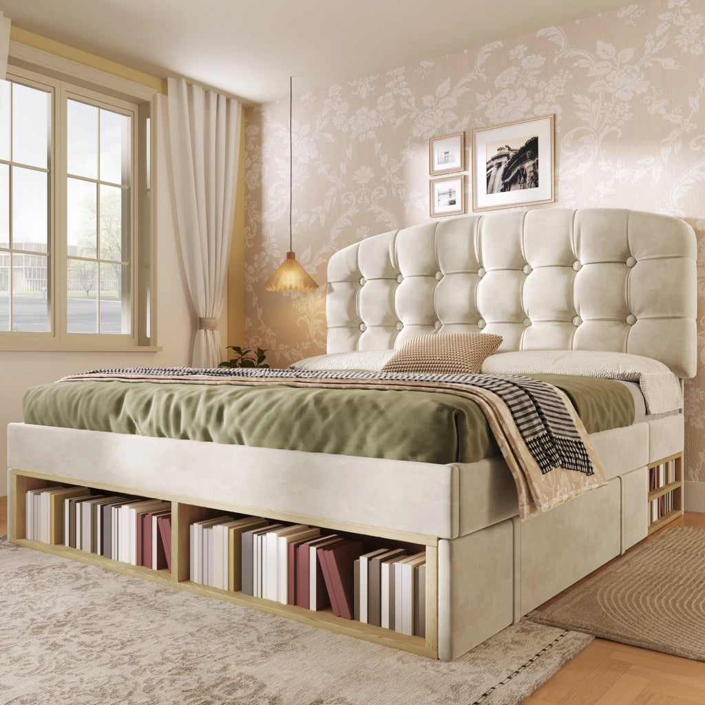 Letto imbottito 140x190 cm in velluto beige con testiera regolabile e cassetti