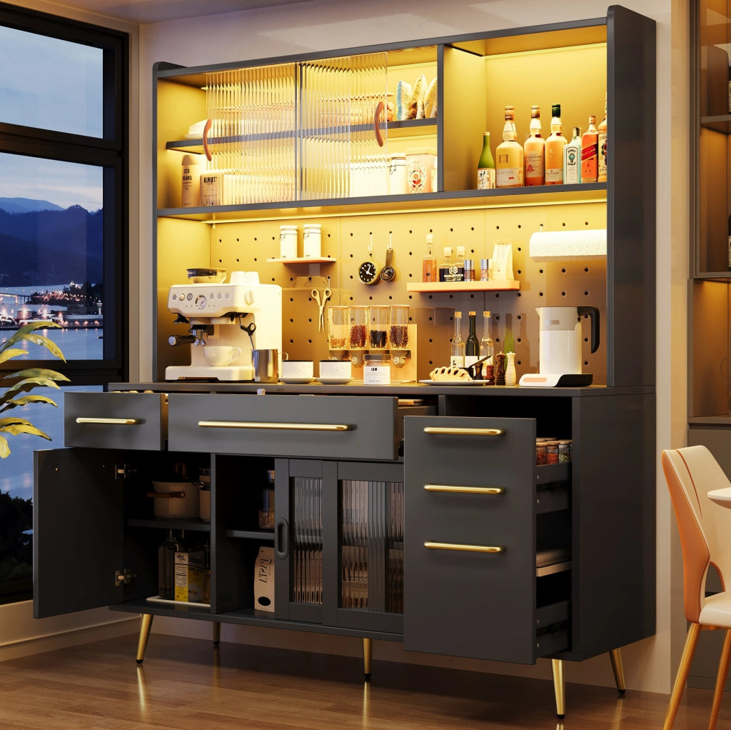 Credenza alta 145x39x171 cm in MDF, vetro e metallo nero con LED