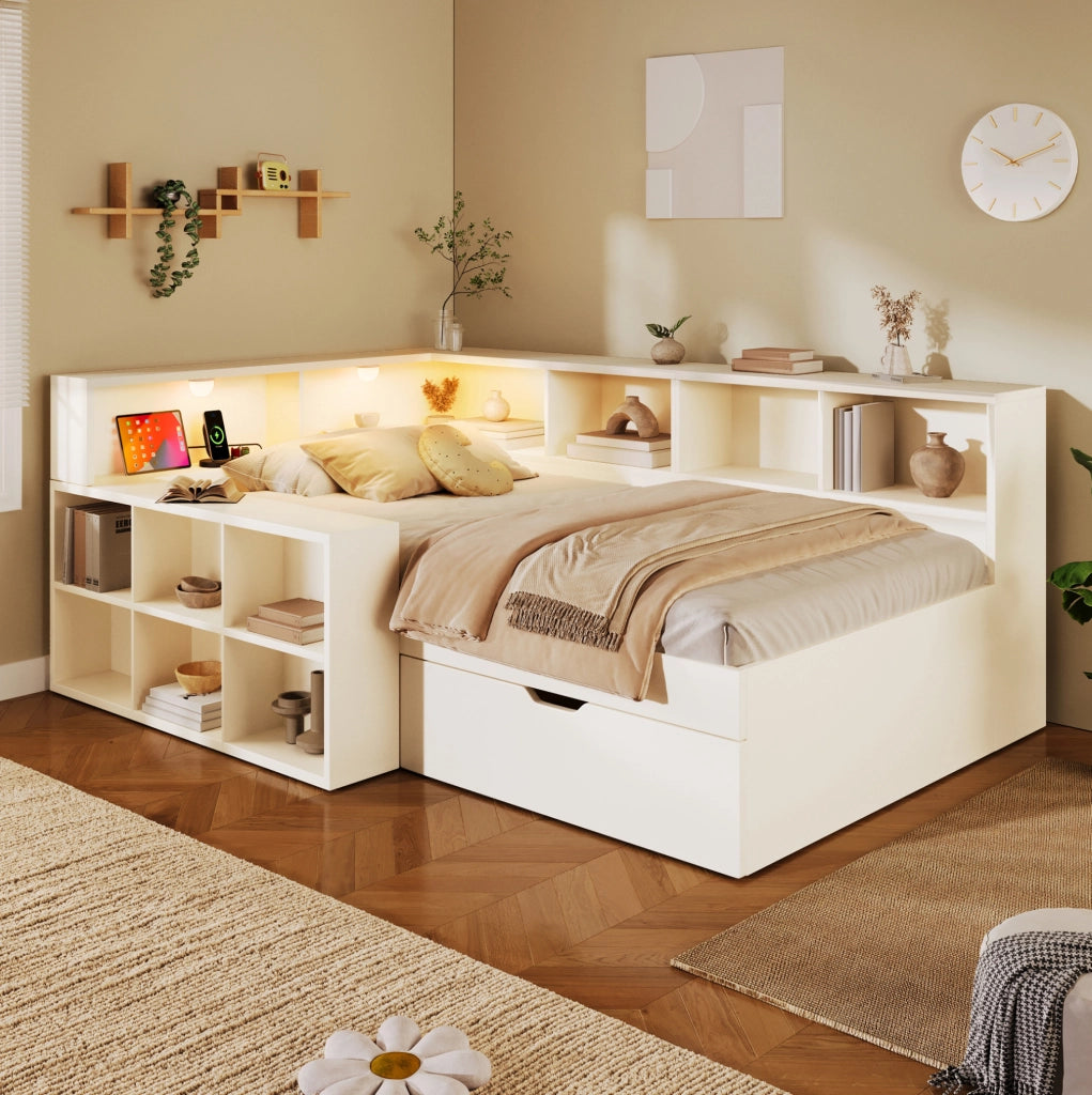 Letto singolo 90x200 cm in legno bianco con contenitore; prese USB e luci integrate