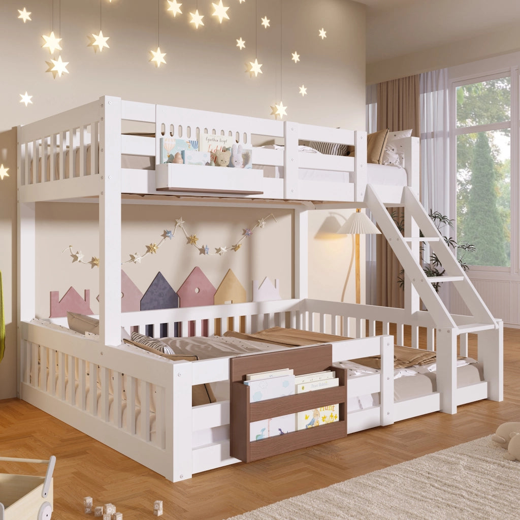 Letto a castello 3 posti 90 x 200 e 140 x 200 cm con contenitori e scaletta, letto per bambini bianco in pino, MDF e metallo con sponde di sicurezza