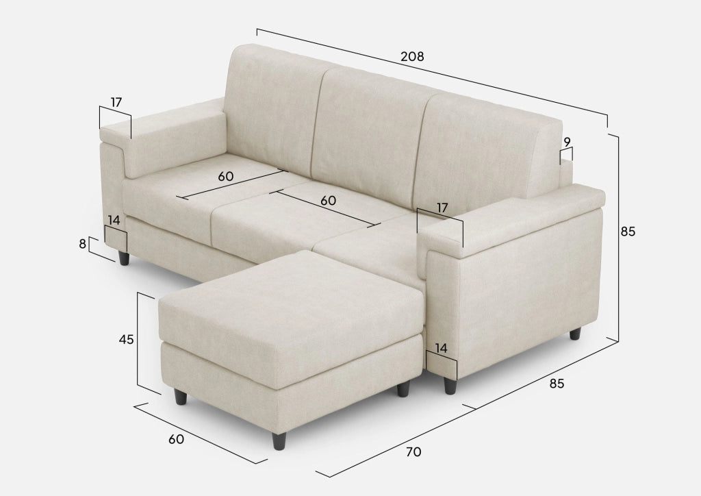 Divano 3 Posti con Pouf 208x155x85 cm Marrak in Tessuto Latte