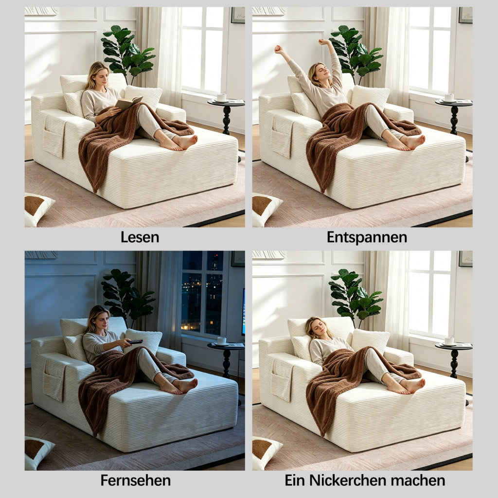 Divano dritto compatto con tasche laterali e cuscini, con imbottitura a molle, in velluto a coste beige