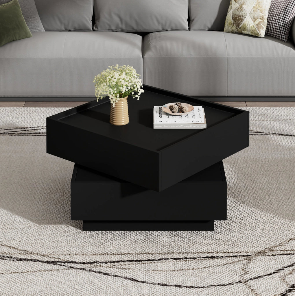 Tavolino da caffè girevole 360° 60x60x38 cm con 2 cassetti in truciolare nero