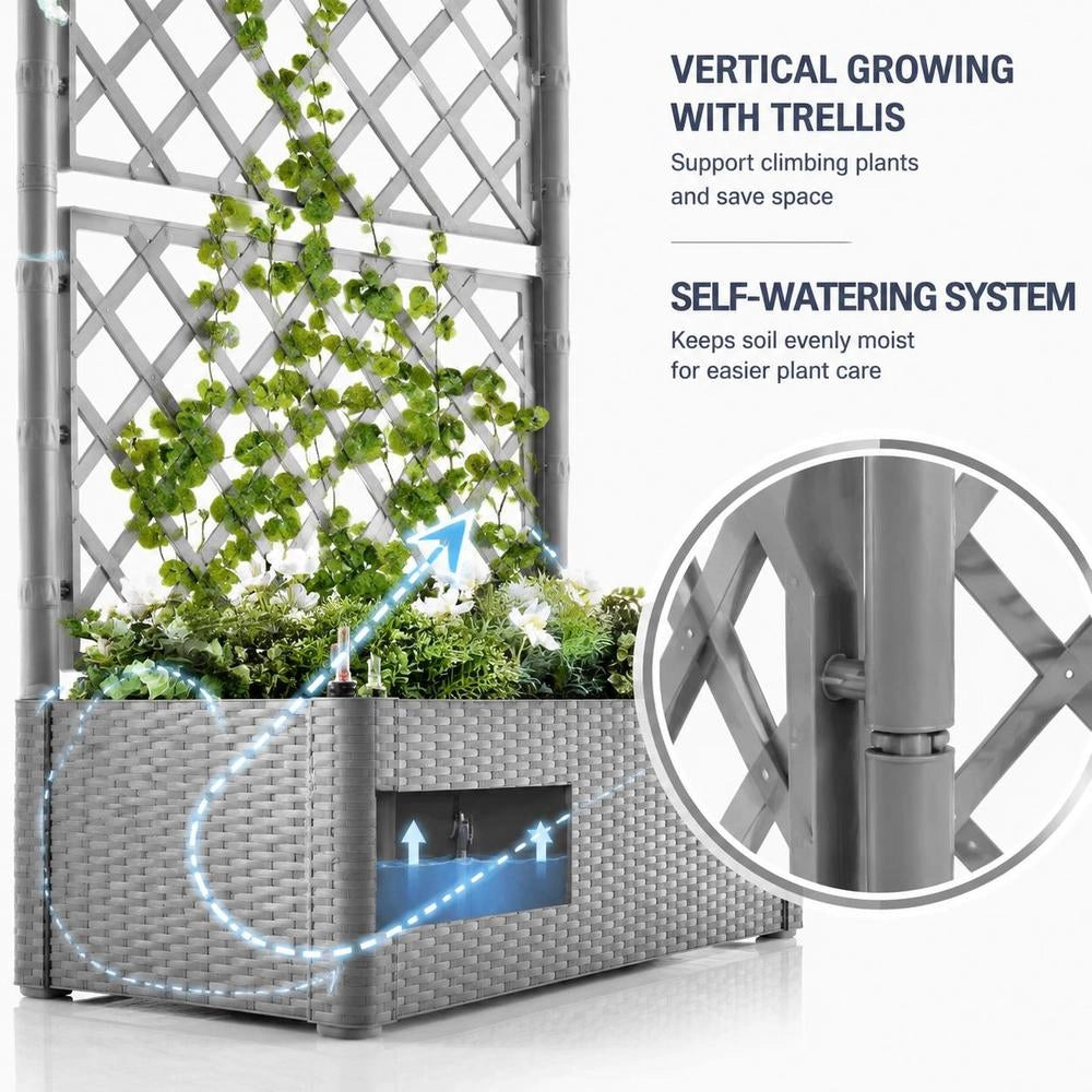 Raised Garden Bed With Trellis And Self-watering System, Grey