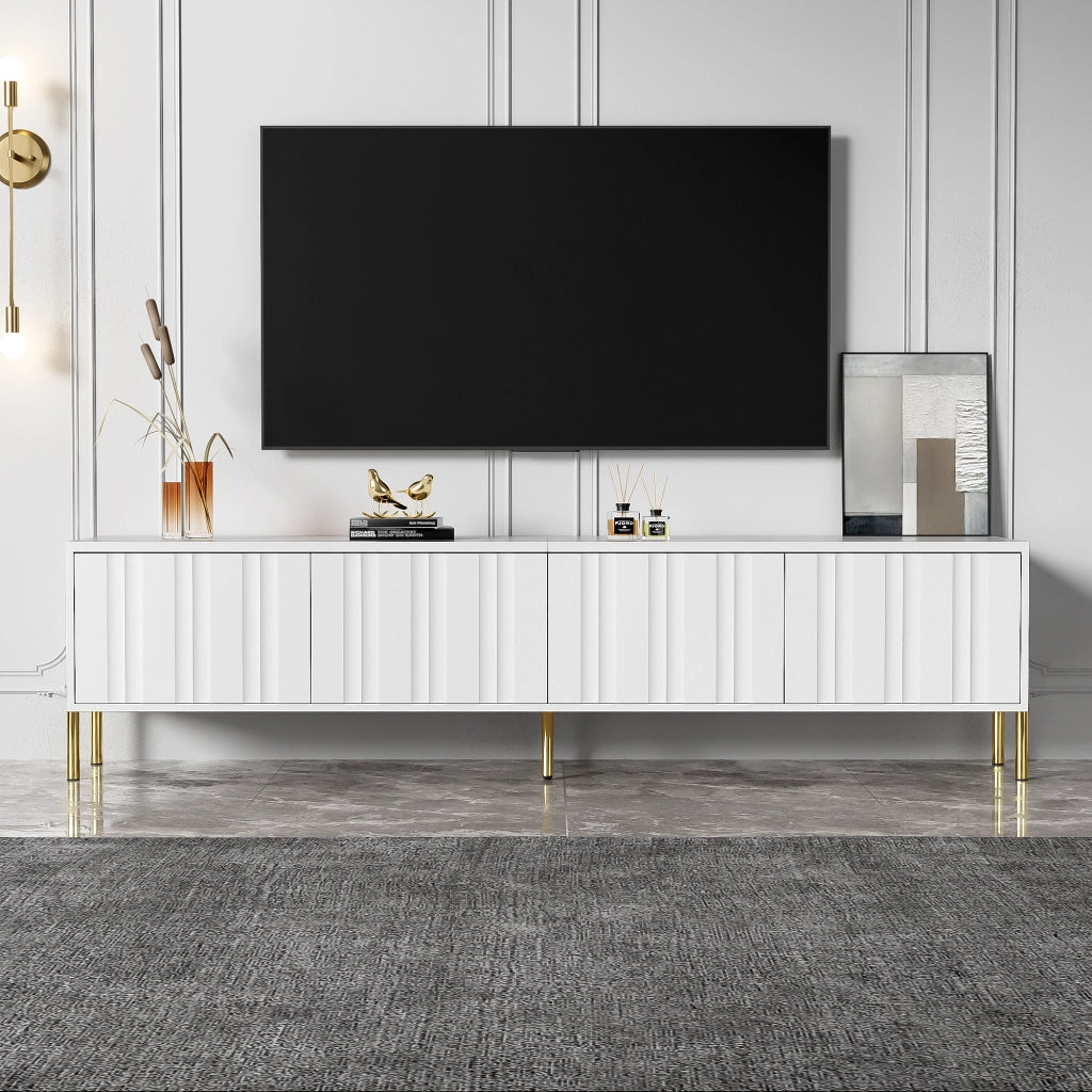 Mobile TV con quattro ante e otto ripiani in MDF e pannello truciolare bianco con gambe dorate 190 × 38 × 48 cm