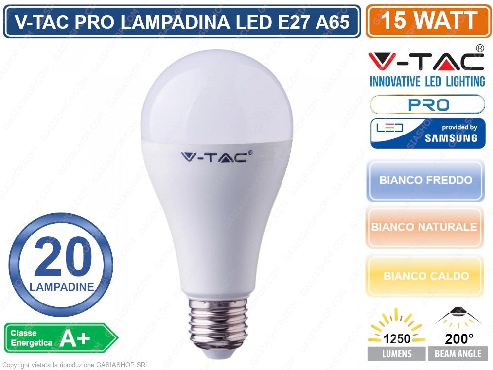 CONFEZIONE 20 PEZZI LAMPADINA LED E27 15W BULB A66 CHIP SAMSUNG V-TAC PRO VT-215 - Colore Luce:Bianco Caldo