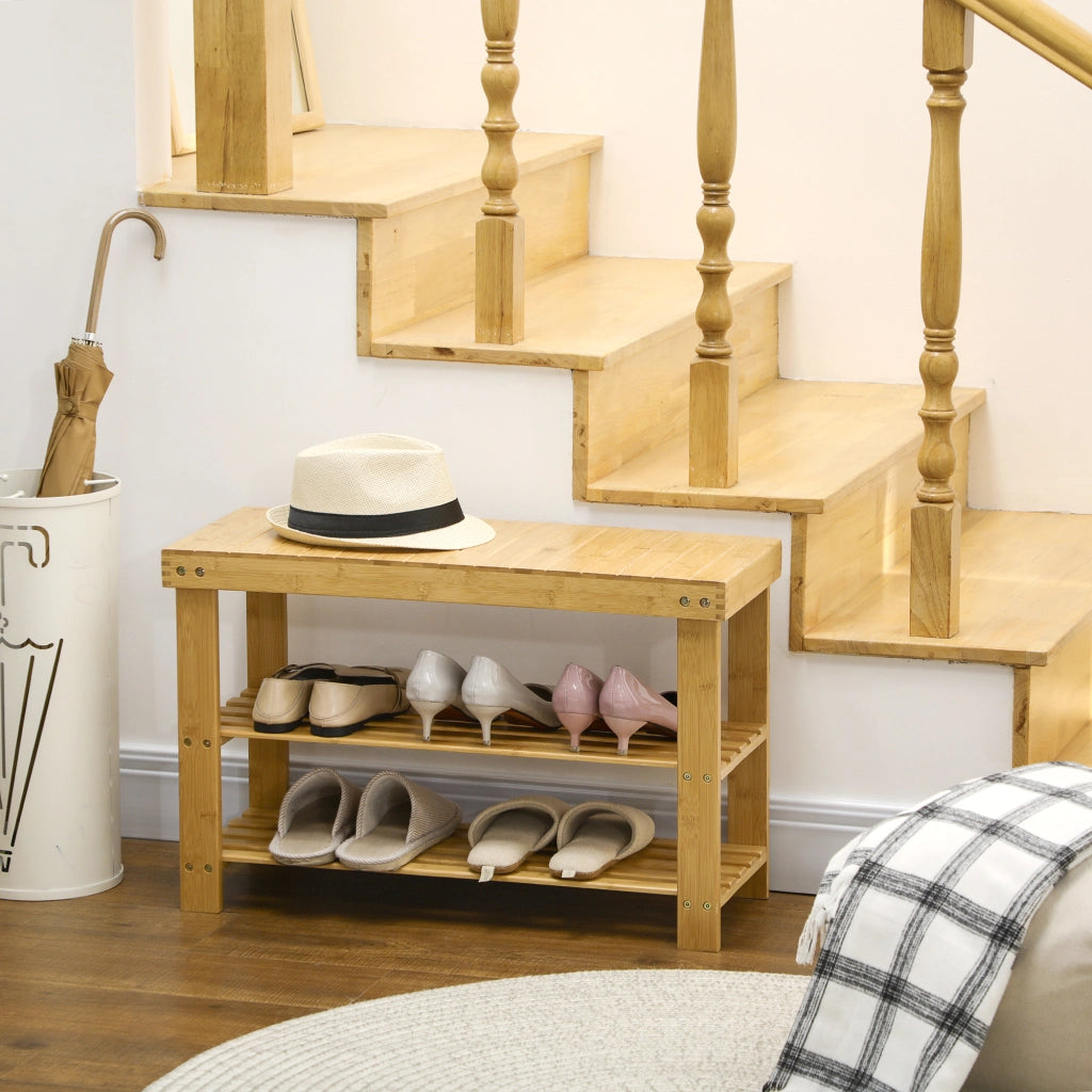Panca portascarpe a 3 ripiani - con seduta e ripiano superiore - in bambù naturale - 70 × 28 × 45 cm