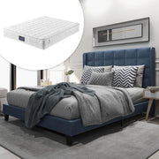 Letto imbottito in lino blu con doghe, 140x200 cm