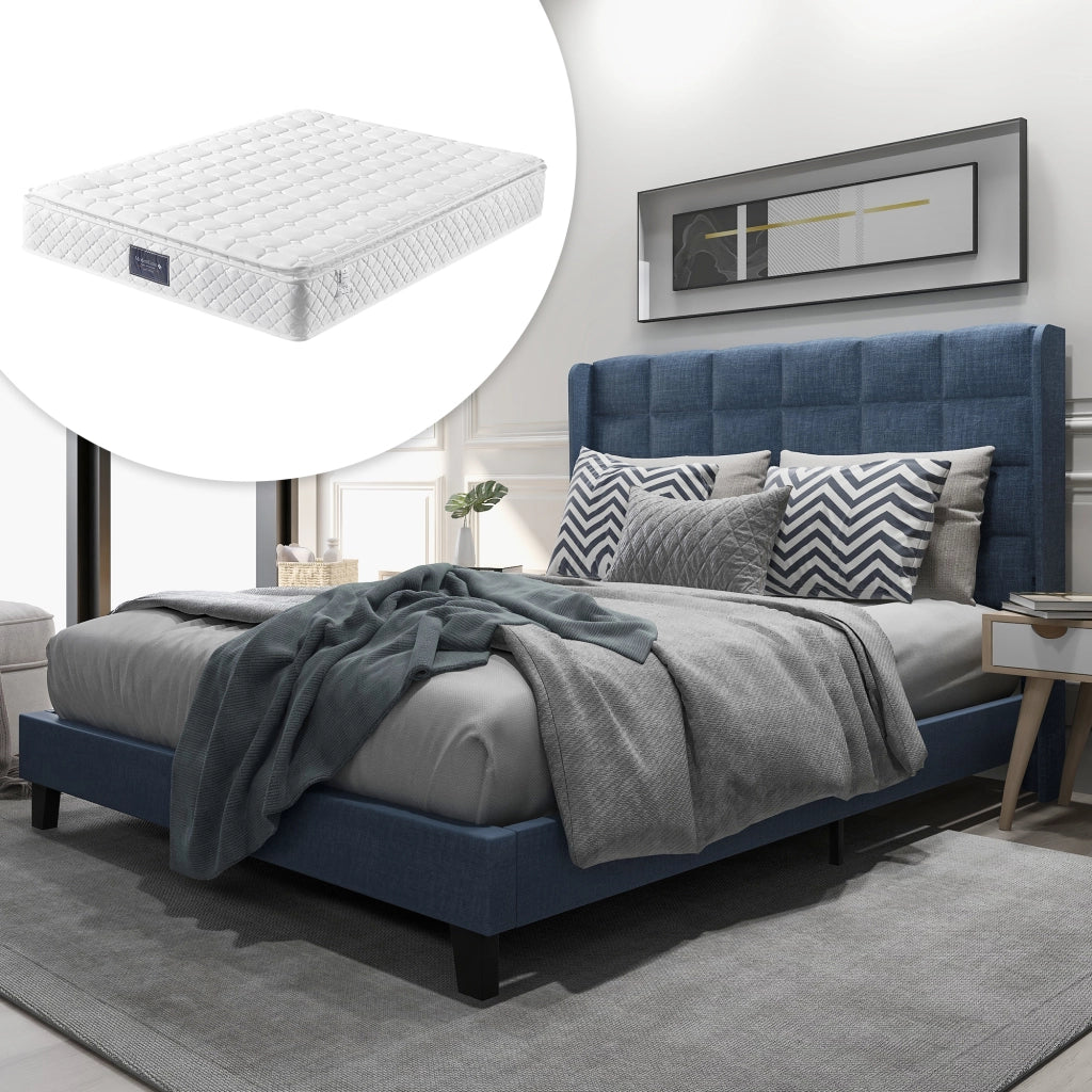 Letto imbottito in lino blu con doghe, 140x200 cm