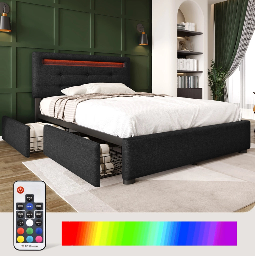 Letto singolo imbottito 90x200 cm con LED e 2 cassetti nero