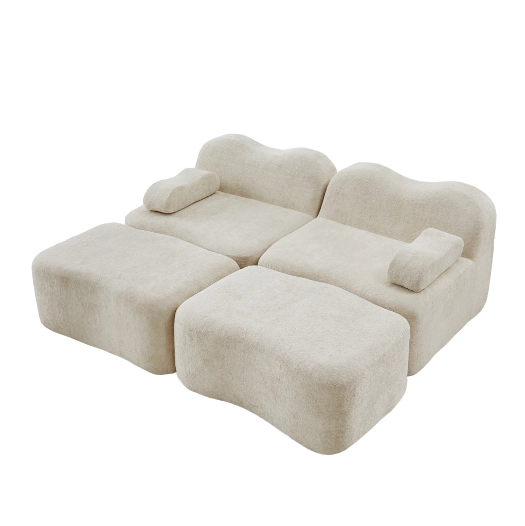 Divano modulare 2 posti con 2 pouf, schiuma ad alta densità 32D, rivestimento in velluto beige, ideale per soggiorno e appartamenti