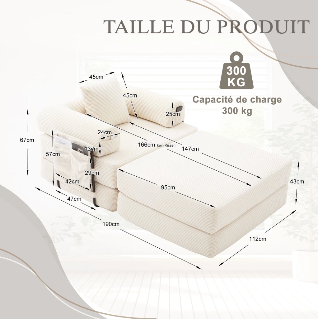 Divano modulare in tessuto a coste con poggiapiedi, struttura metallica stabile, design ergonomico e imbottitura spessa per comfort prolungato