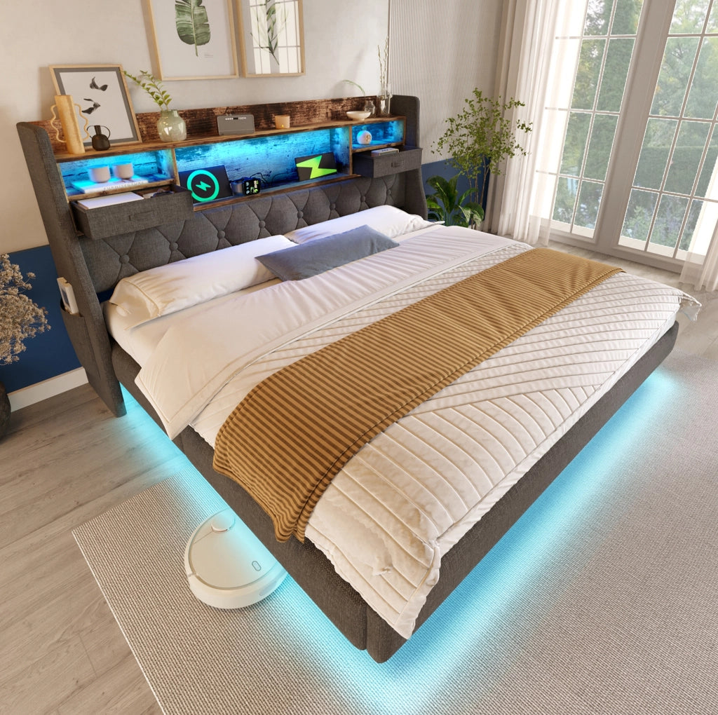 Letto imbottito 160x200 cm con illuminazione LED, testiera con stazione di ricarica USB e Type-C, struttura in lino grigio, senza materasso