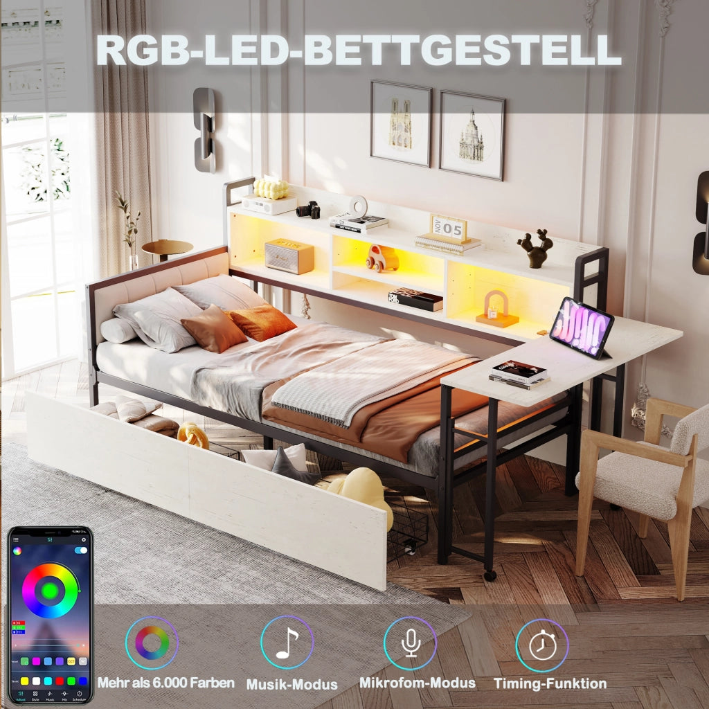 Divano letto in ferro 90 x 200 cm con luce LED e contenitore, cassetti e presa multipla, scrivania estraibile, schienale - Bianco