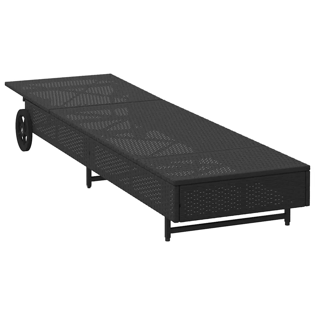 Lettino Prendisole con Ruote e Cuscino in Polyrattan Nero 4104033