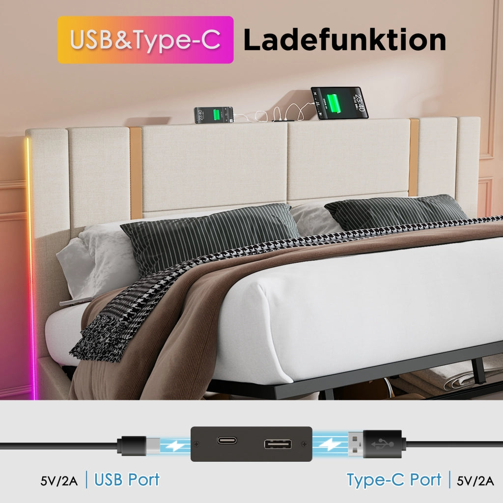 Letto Contenitore 160x200 cm; Letto Matrimoniale - USB; Type-C; LED - in Lino Beige