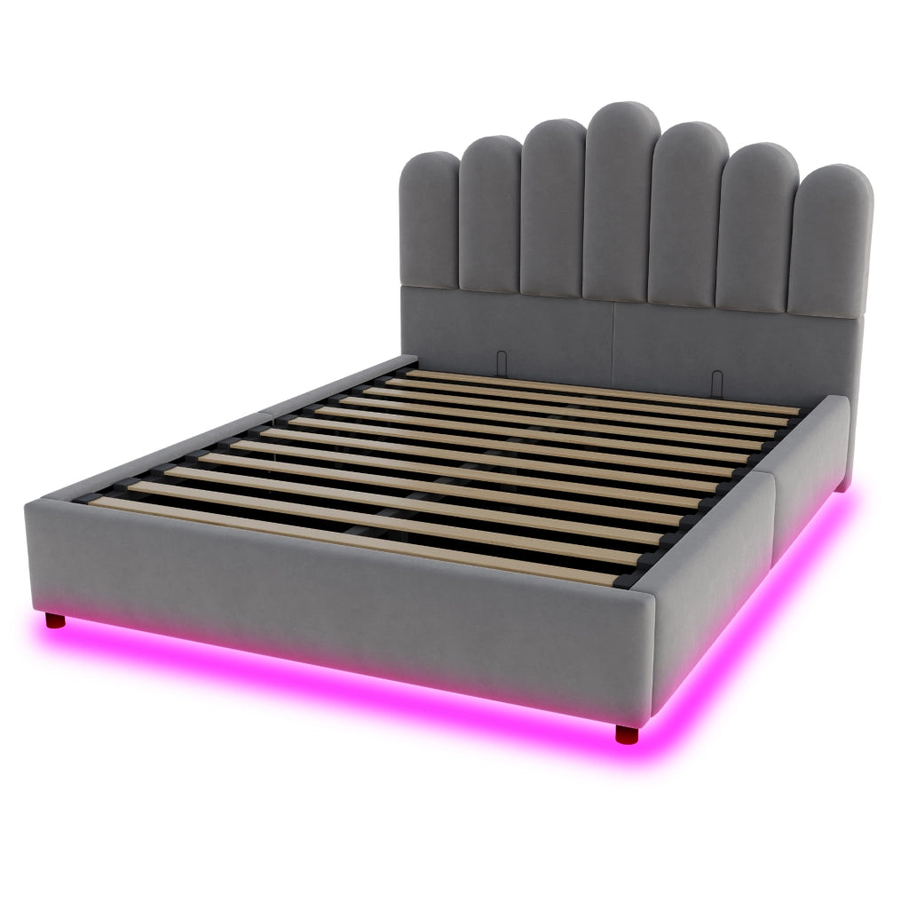 Letto Contenitore 140x200 cm Imbottito in Velluto Grigio con Testiera Morbida e Illuminazione LED