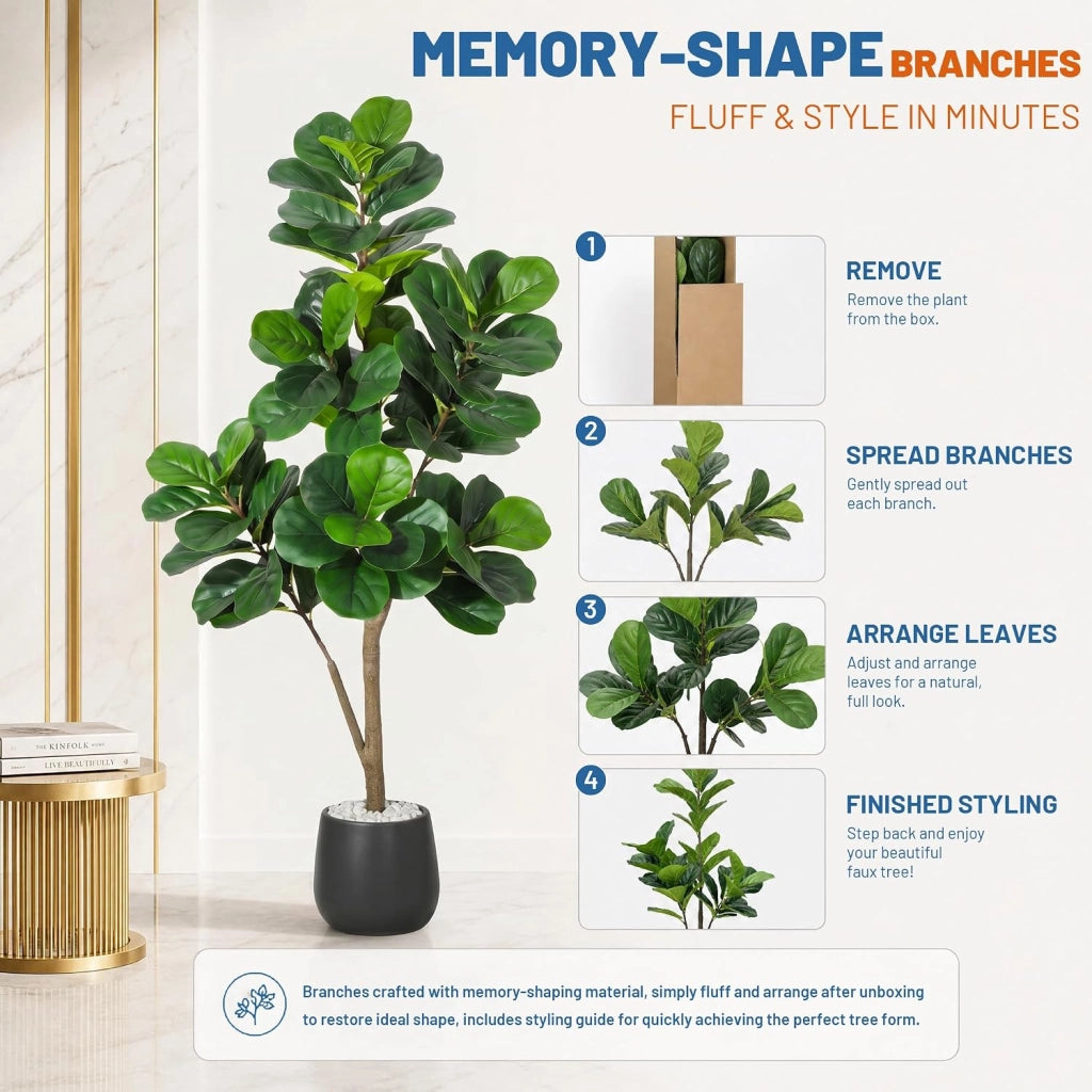 Ficus Lyrata Artificiale 150 cm con 77 Foglie Base Nera e Ciottoli Bianchi