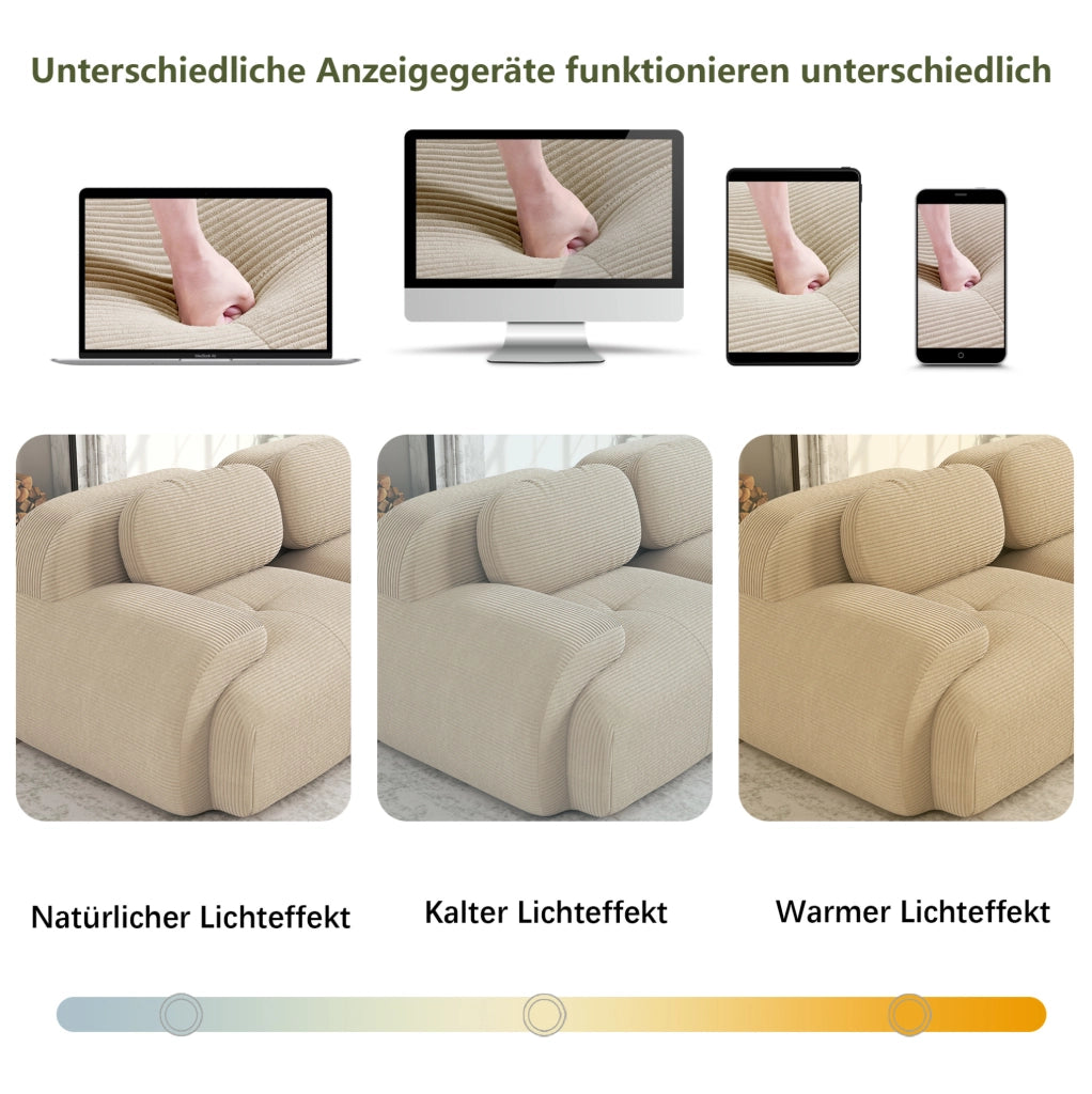 Divano 2 posti modulare in tessuto a coste beige con schiuma ad alta densità e braccioli ergonomici