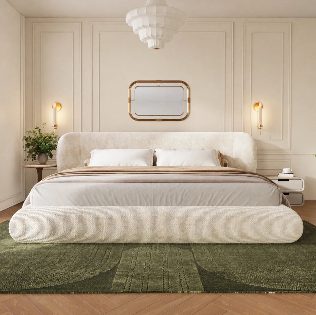 Letto matrimoniale 180x200 cm in ciniglia beige con testiera; rete a doghe e imbottitura in schiuma