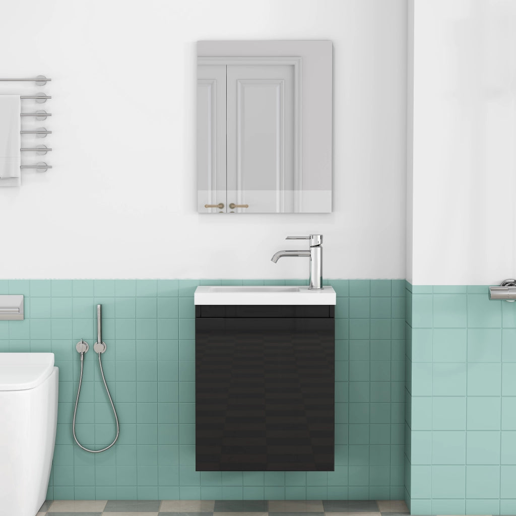Mobile bagno sospeso 40 cm nero lucido con lavabo in ceramica e specchio; preassemblato