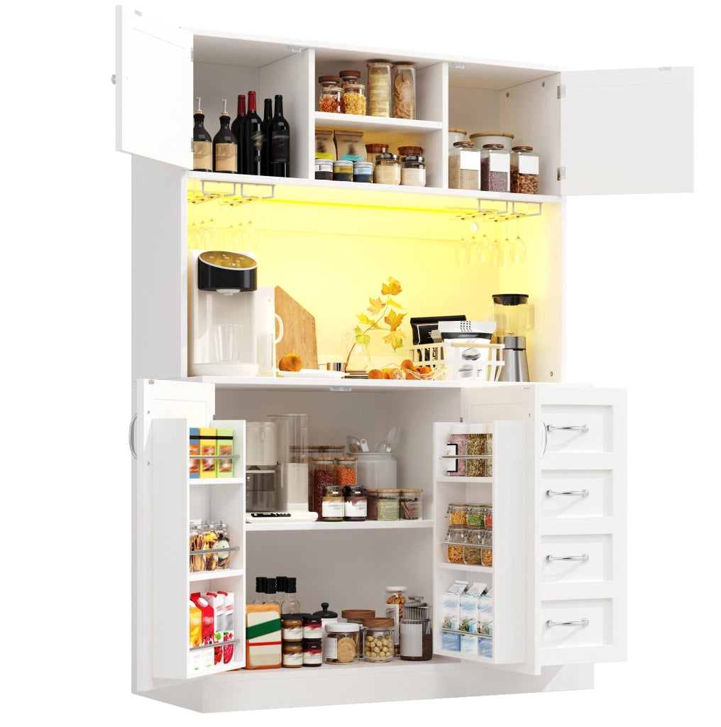 Credenza alta 120x40x188 cm in MDF con LED, 4 ante, 2 cassetti e vani porta bottiglie per cucina