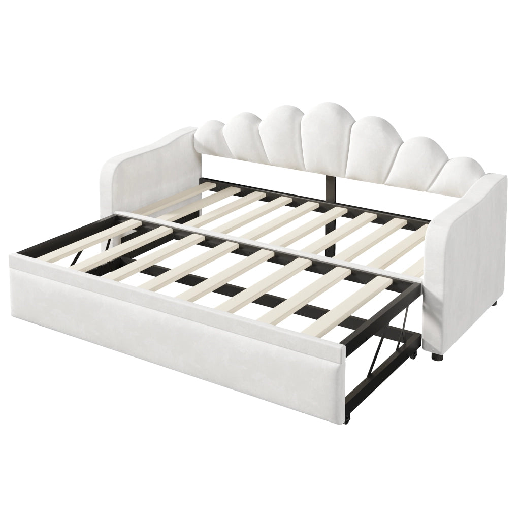 Letto estraibile 90 x 200 cm con LED, divano letto imbottito con posto letto sollevabile o a terra e reti incluse, bianco, per camera moderna