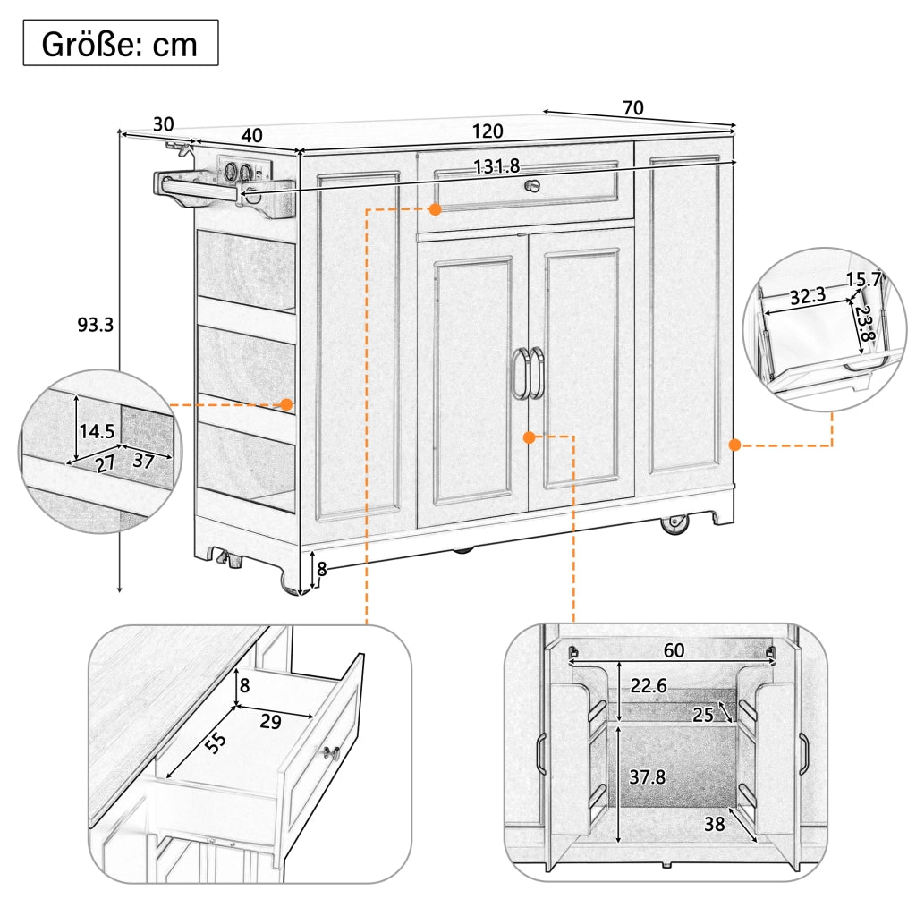 Isola da cucina mobile con piano ribaltabile prese elettriche vano rifiuti MDF nero naturale 131.8 × 40-70 × 93.3 cm